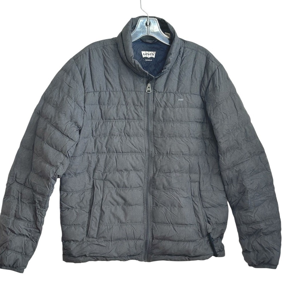 Levis Mens Packable Puffer Jacket Charcoal Grey Heather w/ Travel Bag Gorpcore M